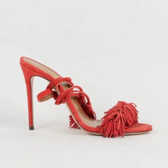 Aquazzura Wild Thing Red Suede Tassel Sandals - Picture 4 of 7